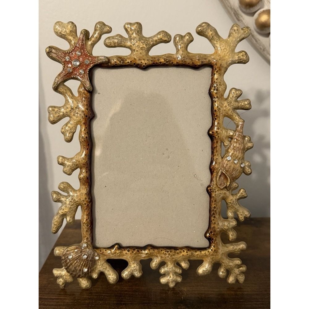 Coastal Coral Photo Frame Gold Metal Starfish Seashell Rhinestone 4x6 Beach